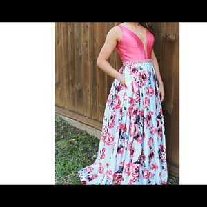 Coral and floral prom dress